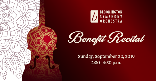 A graphic representation of a violin and a flower like design. Text says Benefit Recital, along with the BSO logo, date of September 22 and time of 3 p.m.