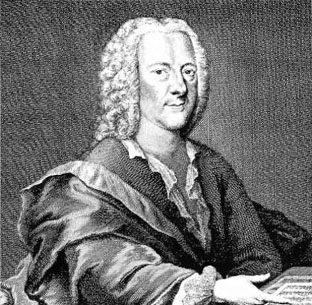 A black and white etching of composer Georg Philipp Telemann wearing a white powdered wig and robes over his writing outfit