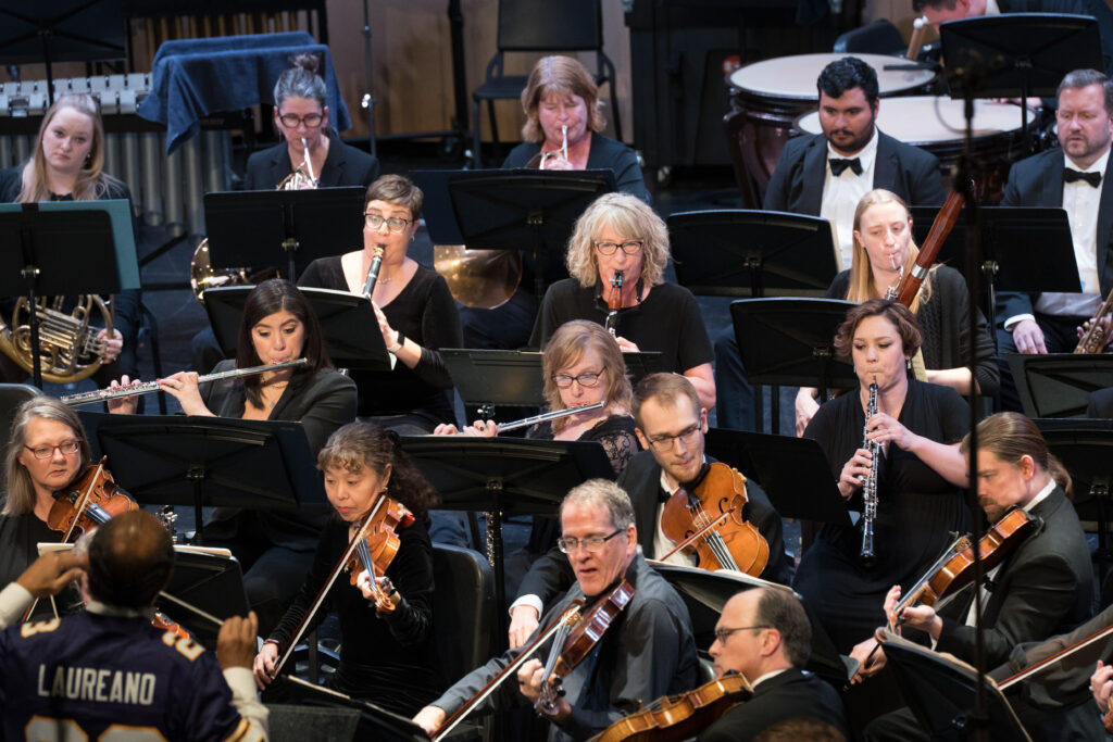 A photo featuring violin, viola, flute, clarinet, oboe, and bassoonists, a mix of men and women, wearing black outfits or tuxedos, taken from an overhead perspective