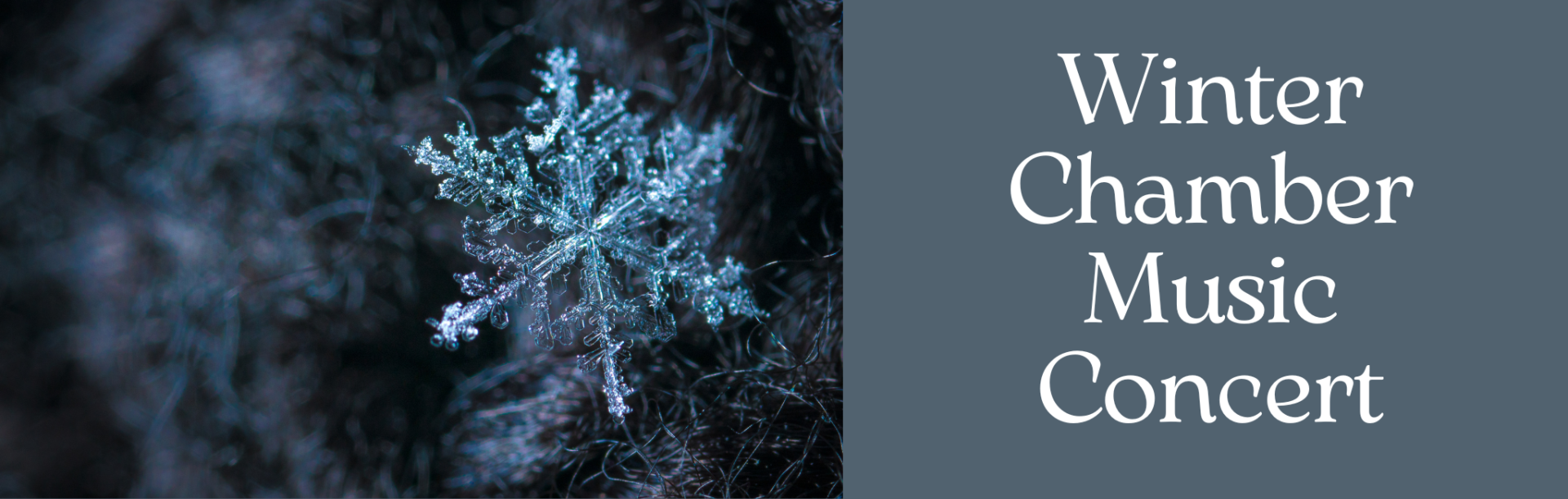 On the left side, a large white, six-pointed snowflake appears against a dark background; on the right side, Winter Chamber Music Concert in white against a dusty blue background